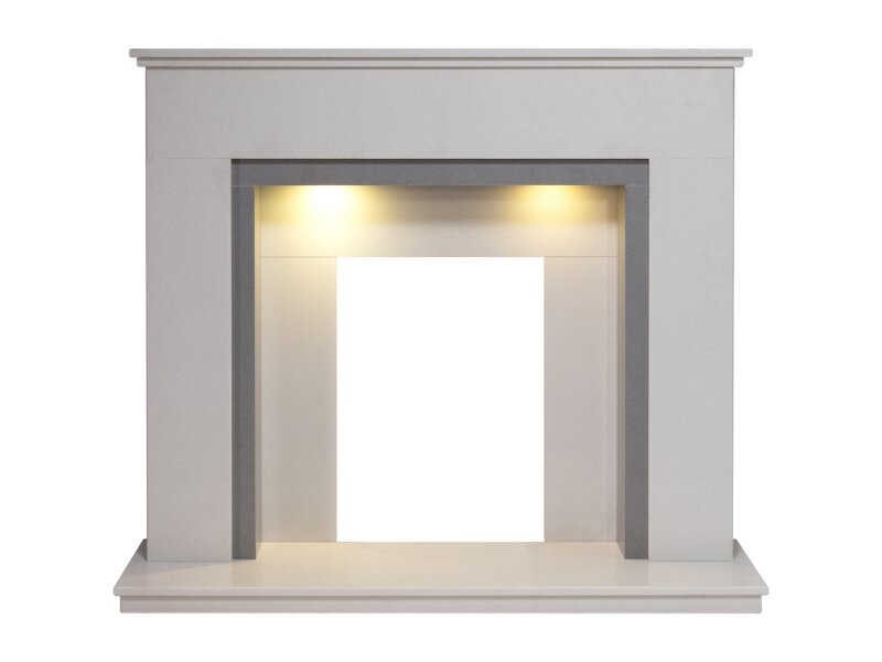 48" Acantha Allnatt Marble Fireplace Suite with Surround & Downlights in White & Sparkly Grey