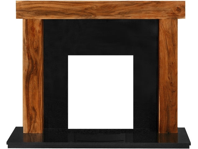 54" Adam Fenchurch Wooden Fireplace with Suite Surround in Acacia, Back Panel & Heath in Black Granite