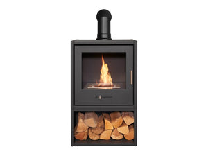 OKO S3 Bio Ethanol Stove in Charcoal Grey Log Storage & Angled Stove Pipe