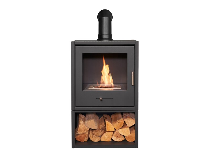 OKO S3 Bio Ethanol Stove in Charcoal Grey Log Storage & Angled Stove Pipe