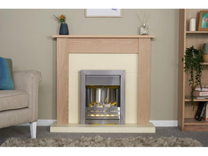 Adam Southwold Fireplace in Oak & Cream with Helios Electric Fire in Brushed Steel - Glowing Flames