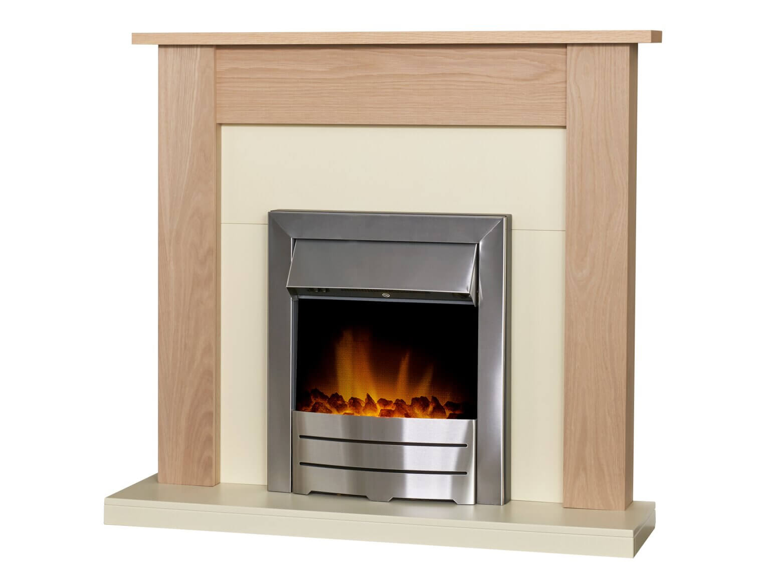 Adam Southwold Fireplace in Oak & Cream with Colorado Electric Fire in Brushed Steel - Glowing Flames