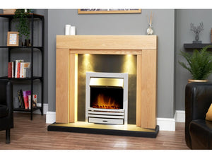 Adam Beaumont Oak & Black Fireplace with Downlights & Eclipse Electric Fire in Chrome - Glowing Flames