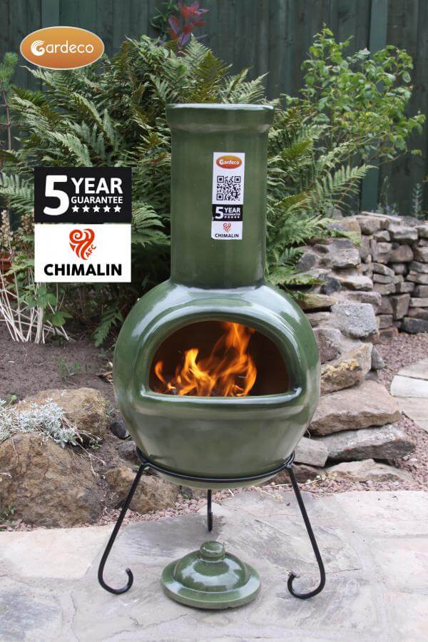 Sempra large Chimalin AFC chimenea in glazed green, including lid & stand - Glowing Flames