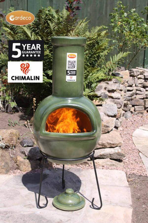 Sempra large Chimalin AFC chimenea in glazed green, including lid & stand - Glowing Flames