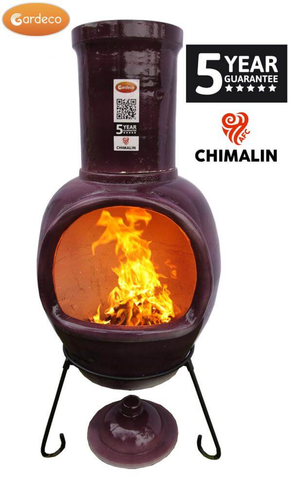 Asteria large Chimalin AFC chimenea in glazed purple, including lid & stand - Glowing Flames