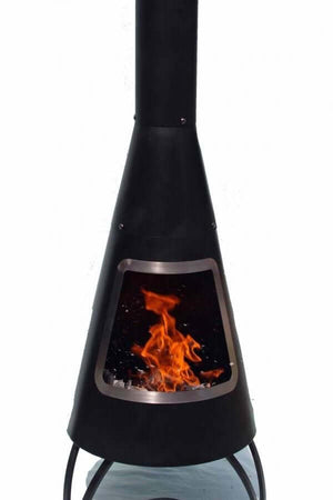 Cono Large Conical Shaped Steel Chimenea, Stainless Steel Mouth Rim - Glowing Flames