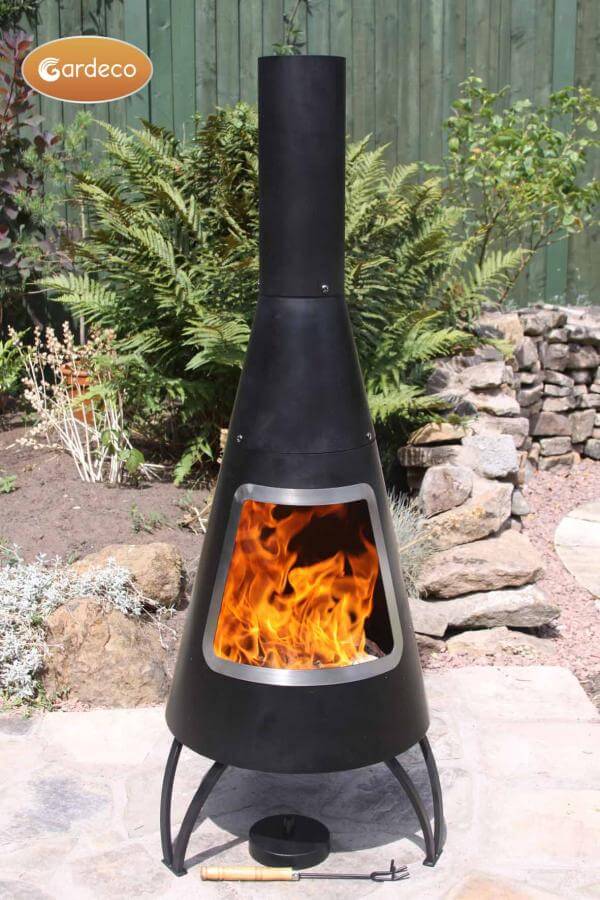 Cono Large Conical Shaped Steel Chimenea, Stainless Steel Mouth Rim - Glowing Flames