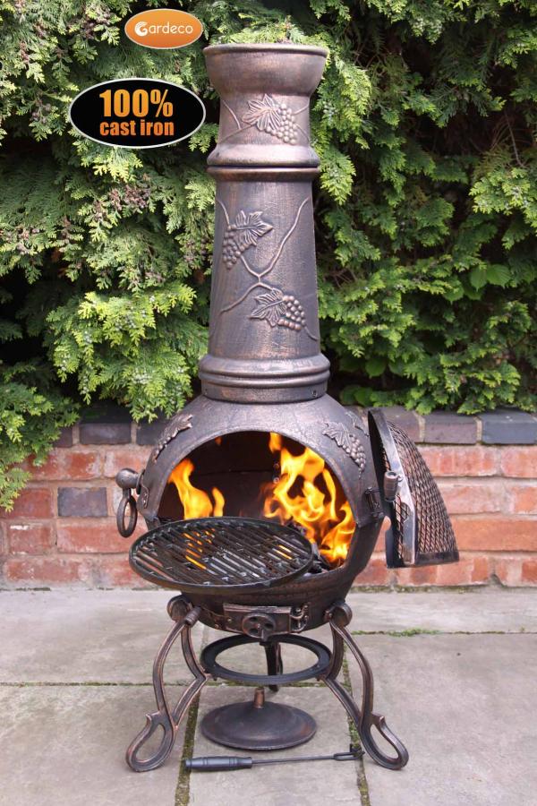 Toledo XL cast iron chimenea in bronze with grapes - Glowing Flames